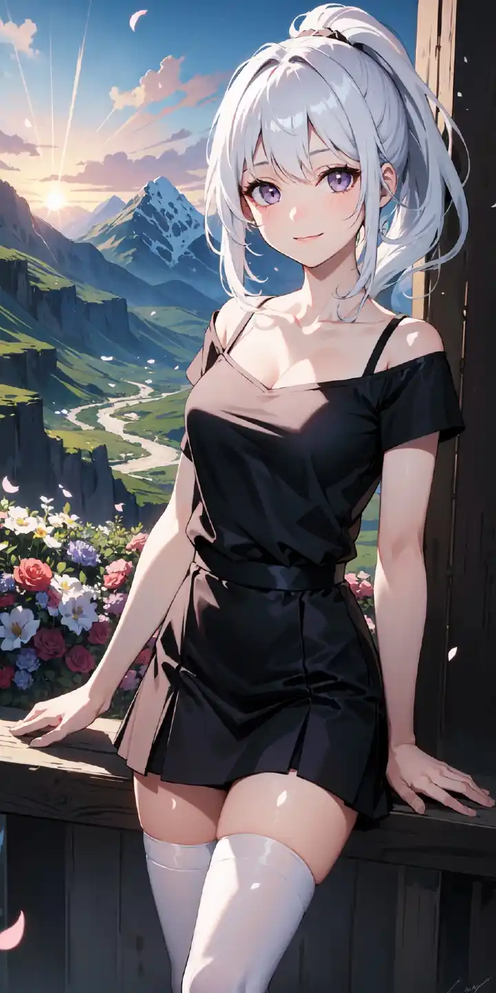 MeinaMix sample: soft portrait with white hair, flowers, and gentle lighting (author gallery)