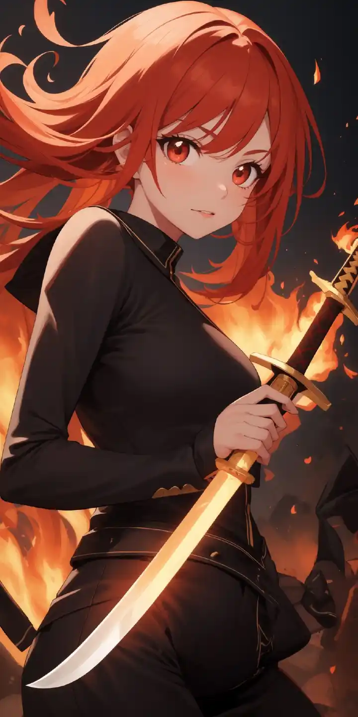 MeinaMix sample: dramatic red-haired character with sword and flame lighting (author gallery)